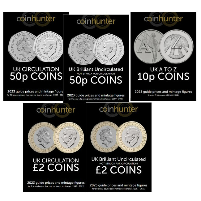 All 5 Downloadable e-books: UK Circulation 50p Coins, Brilliant Uncirculated 50p Coins, Circulation £2 Coins, Brilliant Uncirculated £2 Coins and A to Z 10p Coins