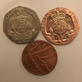 Coin with 20p and 1p top view
