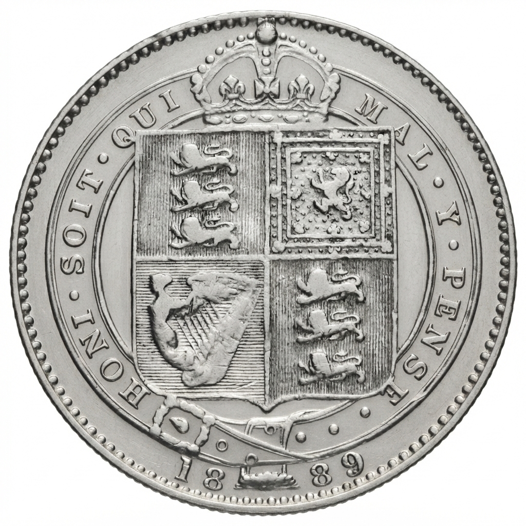 Reverse: Victoria 1889 Silver Shilling Large bust (until 1892)