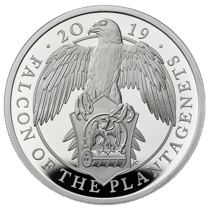 Reverse: Elizabeth II 2019 £5 The Falcon of the Plantagenets