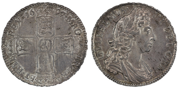 William III 1697 Half Crown First bust, large shields, ordinary harp