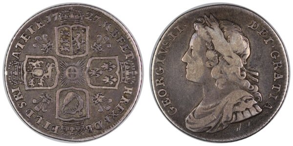 George II 1727 Shilling Young head, Plumes in angles on rev