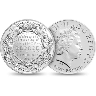 Reverse: Elizabeth II 2013 £5 Prince George Christening