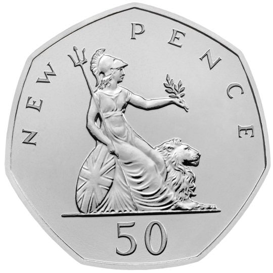 Reverse: Elizabeth II 1970 50p Britannia New Pence