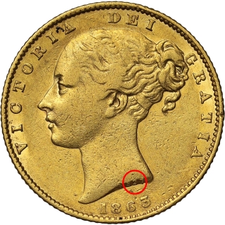 Obverse: Victoria 1863 Sovereign Die No 827 on Truncation