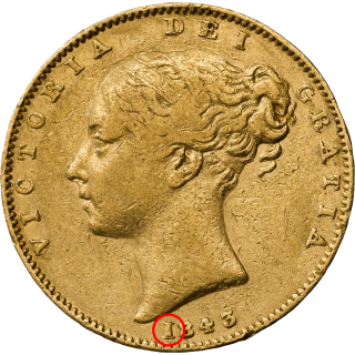 Obverse: Victoria 1843 Gold Sovereign Roman I in date not 1841