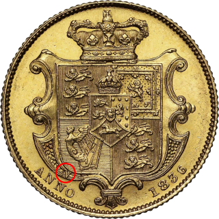 Reverse: William IV 1836 Gold Sovereign N. of Anno struck on shield