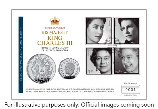 First Day Cover: UK BU 50p & £5 Queen Elizabeth II Memorial Coin Cover